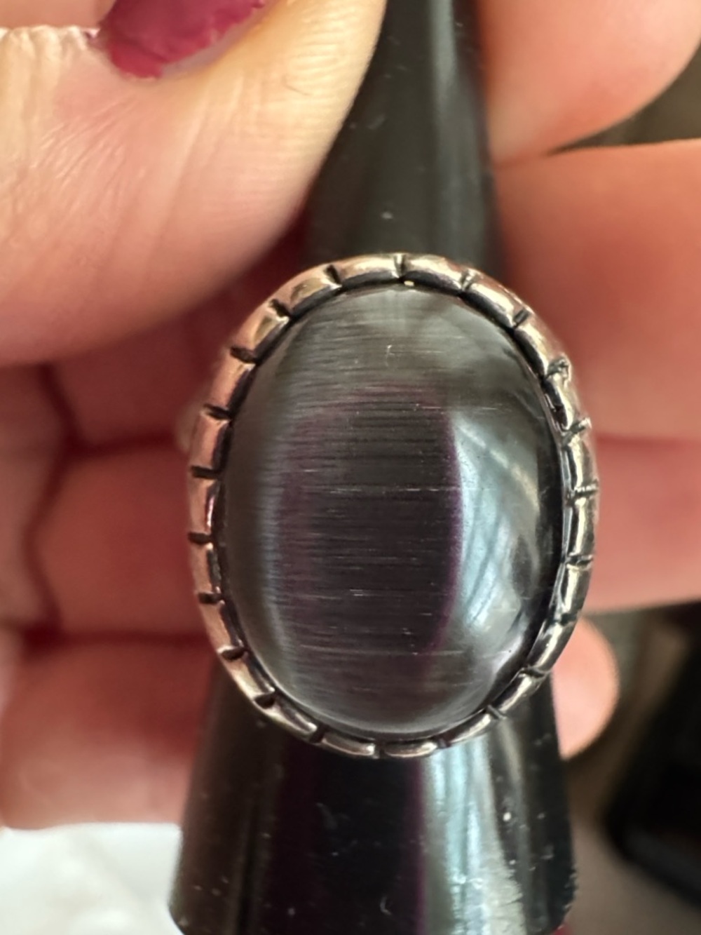 Large Silver Tone Geometric Ring Cats Eye Signet Ring